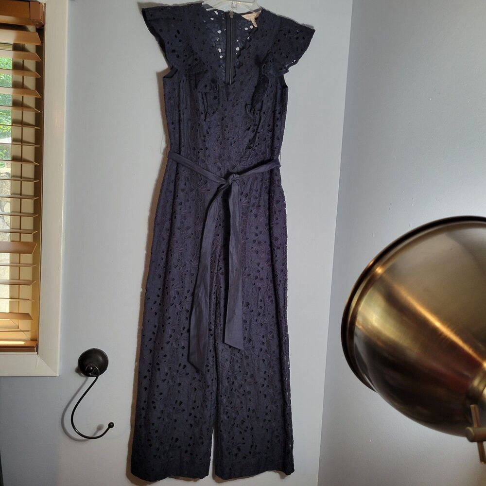 Rebecca Taylor ARIANA EYELET EMBROIDERED JUMPSUIT Indigo $595  Wide Leg Size 0